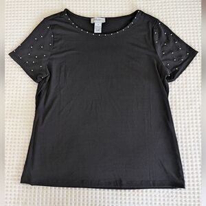 Carmen Marc Valvo Short Sleeve Top With Pearl Accents Around Collar & on Sleeves